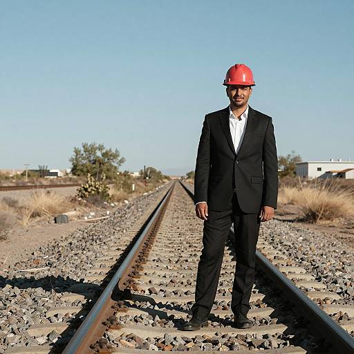 Casual Man in Black Suit on Tracks
