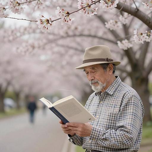 Elderly Man Reading Under Cherry Blossoms