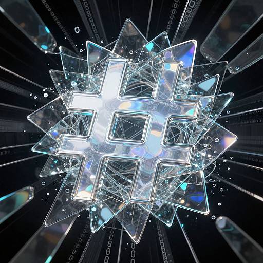 Digital CGI artwork of a glowing, crystalline, geometric structure with transparent, interconnected cubes in a dark, radiating background.