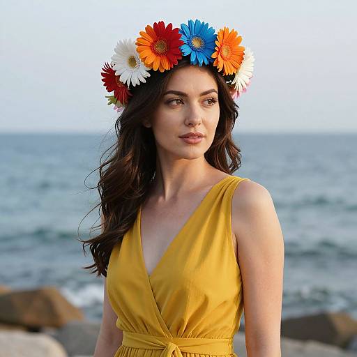 Photograph of a beautiful woman with long brown hair, wearing a yellow dress and a colorful flower crown, standing by the ocean.