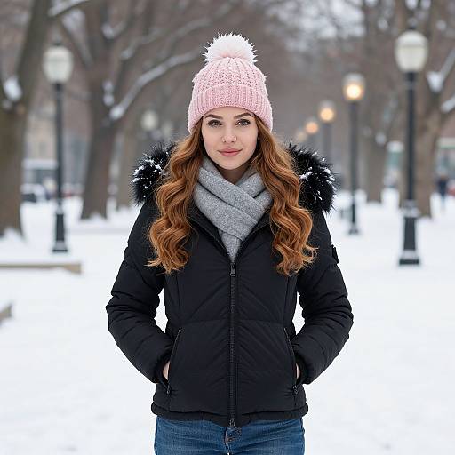 Photograph of a smiling woman with long red hair, wearing a pink knit hat, black puffer jacket, gray scarf, and blue jeans, standing