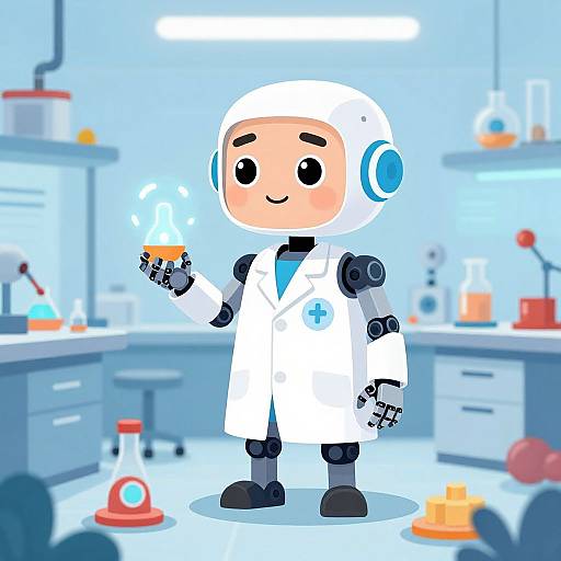 Cartoon-style drawing of a cute, chibi robot scientist in a white lab coat holding a glowing test tube in a brightly lit laboratory.