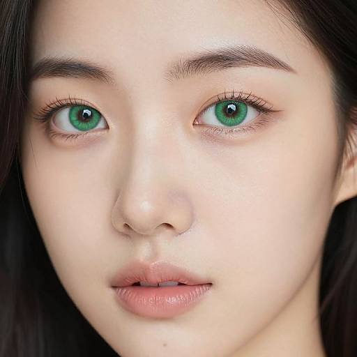 Close-up photograph of a young Asian woman with fair skin, large green eyes, dark eyebrows, and straight black hair, looking directly at the camera with