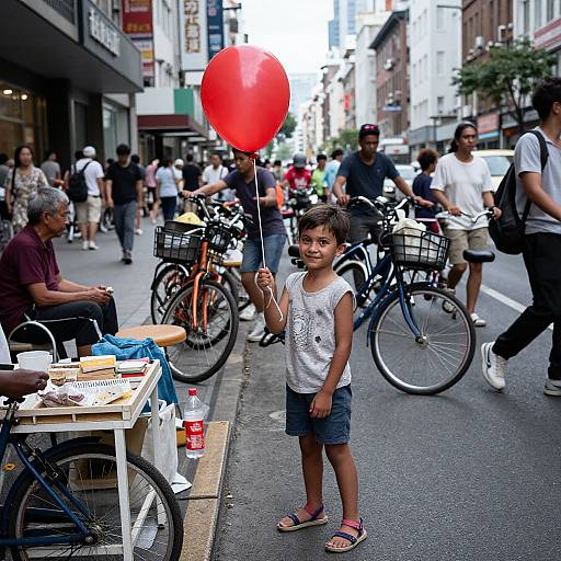 Child with Red Balloon in City