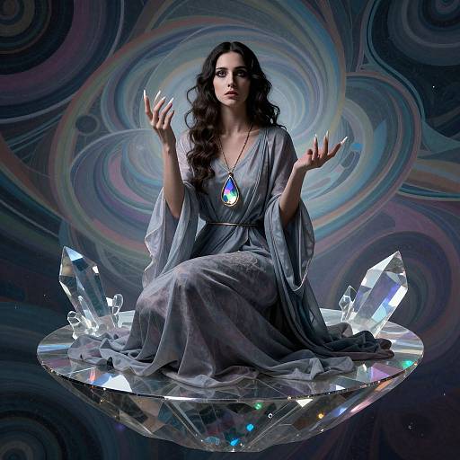 Photograph-style digital artwork of a dark-haired woman in a flowing gray dress, sitting on a crystal-encrusted orb, hands raised, against