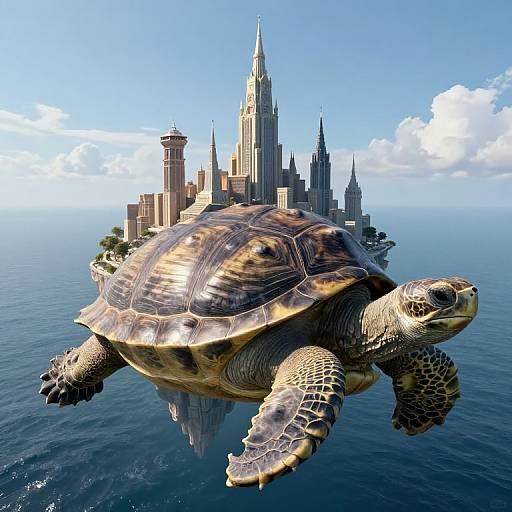 CGI image of a large, detailed turtle with a reflective shell flying over a futuristic, towering cityscape floating on a calm ocean.