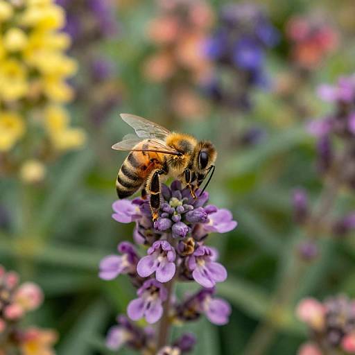 Photograph of a buzzing honeybee with yellow and black stripes, perched on a cluster of vibrant purple flowers, surrounded by colorful, blurred blossoms
