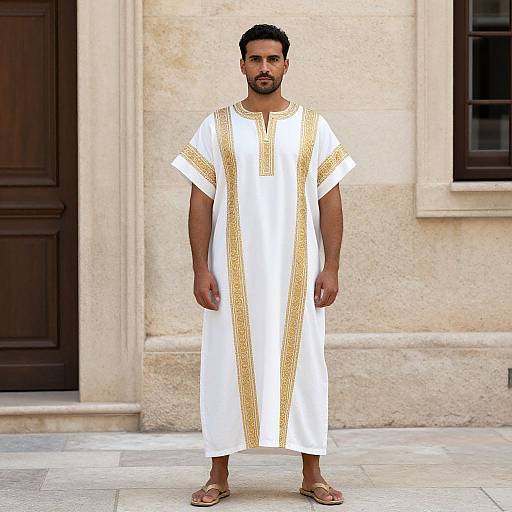 Photograph of a man with short black hair and beard, wearing a white traditional tunic with gold vertical stripes, standing barefoot in front of a
