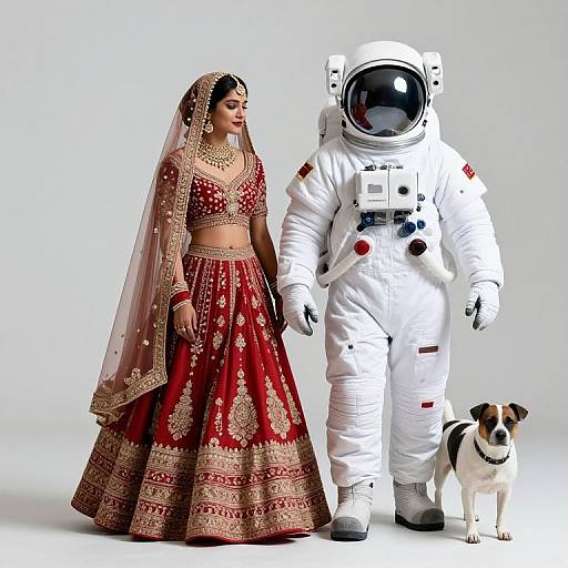 Astronaut in Bridal Lehenga with Dog