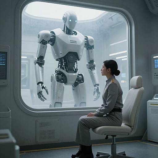 Contemplative Woman and Towering Robot