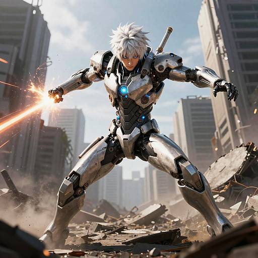 Futuristic White-Haired Anime Warrior