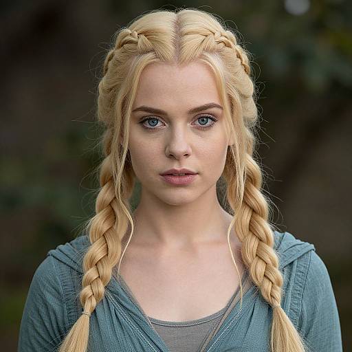 Photograph of a pale-skinned, blue-eyed blonde woman with long braided hair, wearing a blue V-neck shirt, looking directly at the camera