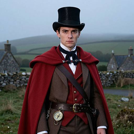 Photograph of a young man in Victorian attire, black top hat, brown suit, red cloak, black bow tie, standing in a foggy rural