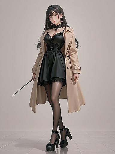 Digital anime-style drawing of a black-haired woman in a black lace dress, beige trench coat, black stockings, high heels, and holding a thin cane