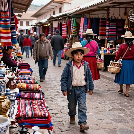 Photograph of a young boy in a beige hat and blue jacket, walking through a vibrant, colorful Andean market street.