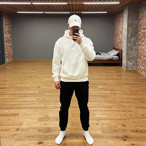 Photograph of a man in a white hoodie, black pants, white sneakers, and white cap, taking a selfie in a modern, wooden-flo