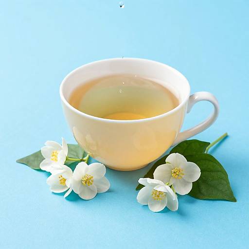 Photograph of a white ceramic teacup filled with light yellow tea, surrounded by three white jasmine flowers and green leaves, on a bright blue background