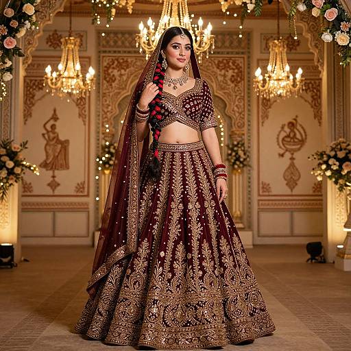 Photograph of an elegant Indian bride in a gold-embroidered brown lehenga and veil, standing in an ornate, chandelier-lit