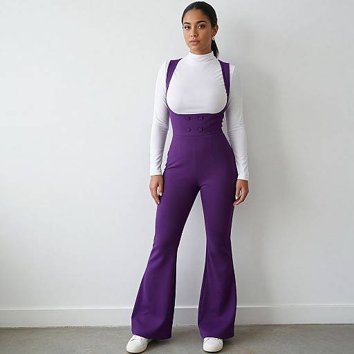 Photograph of a confident woman with dark skin and straight black hair, wearing a white long-sleeve turtleneck and high-waisted purple