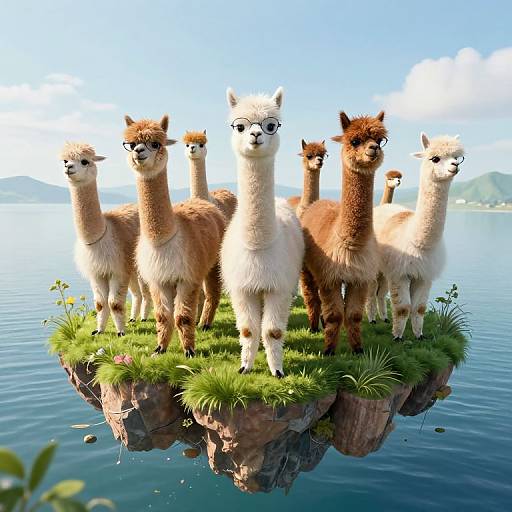 CGI image of six fluffy, long-necked llamas standing on a grassy, floating island over a calm, blue lake with mountains in the