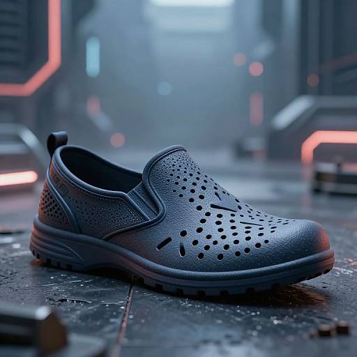 Photorealistic CGI of a black perforated sneaker with a textured sole, positioned on a futuristic, neon-lit, cyberpunk-style street.