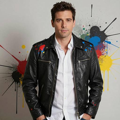 Man in Painted Leather Jacket with Colorful Abstract Background
