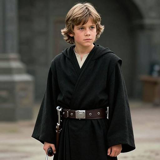 Young boy with light brown hair, wearing a black Jedi robe with brown belt, holding a black object, standing in a medieval stone courtyard. Photoreal