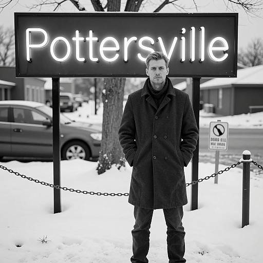 Man Standing in Front of Pottersville Neon Sign in Snow