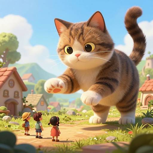 Digital illustration of a giant, wide-eyed tabby cat with white paws and chest, playfully reaching towards two small children in a sunny, colorful