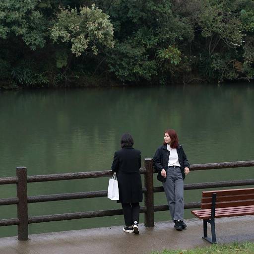 Two Women Standing by Lakeside Railing