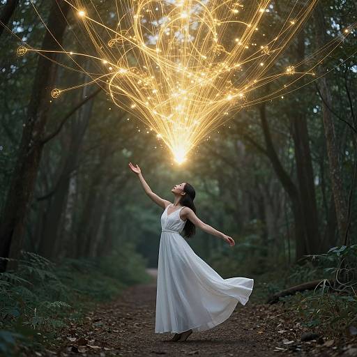 Photograph of a woman in a flowing white dress, arms raised, creating a radiant, starburst-like light effect in a dark forest pathway.