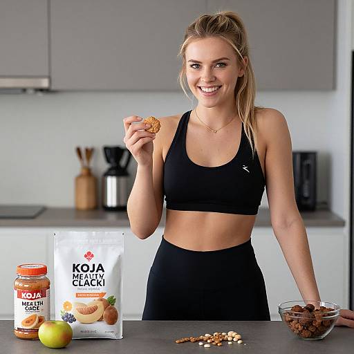 Photograph of a smiling blonde woman in a black sports bra and skirt, holding a Koliva Energy Ball in a modern kitchen. Background includes a jar