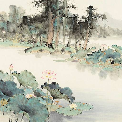 Serene Lotus Pond Ink Painting
