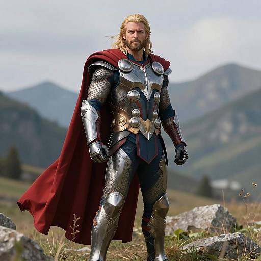 Male Superhero in Thor Costume with Mountain Background