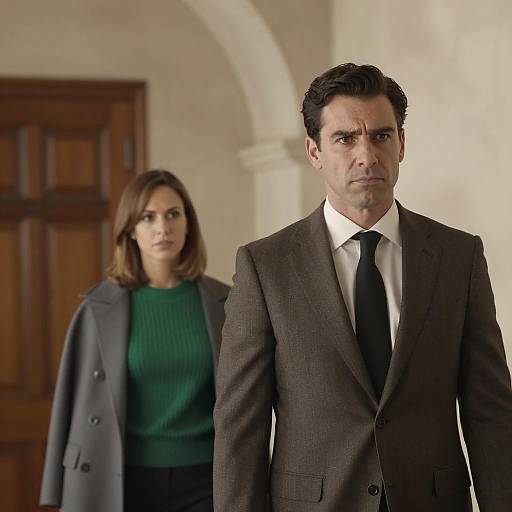 Serious Man and Woman in Hallway