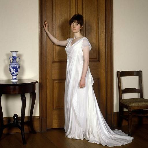 Photograph of a pale-skinned woman with dark hair in a white, flowing gown, standing against a wooden door, with a blue and white vase