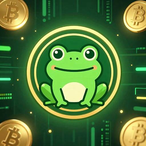 Digital illustration of a cute green cartoon frog with large eyes and a smile, centered within a glowing gold circle, surrounded by Bitcoin coins on a neon green