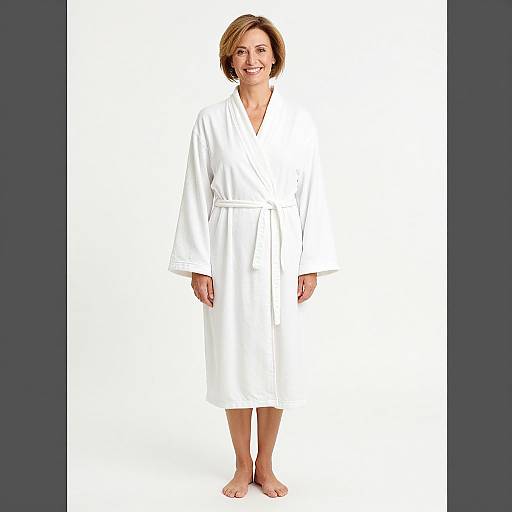 Photograph of a smiling woman with short brown hair, wearing a white bathrobe, standing barefoot against a plain white background.