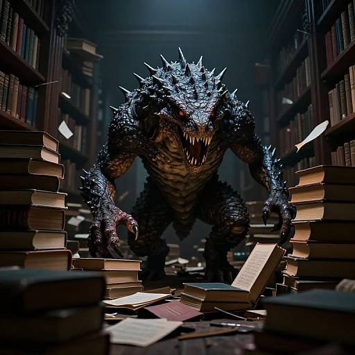 Digital artwork of a menacing, blue-scaled, spiked dragon with glowing eyes standing in a dark, narrow library aisle, surrounded by scattered, open books