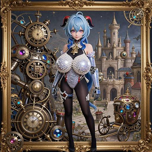 Digital artwork of a blue-haired, horned, busty anime girl in a steampunk-inspired outfit, standing before a clockwork frame and a medieval