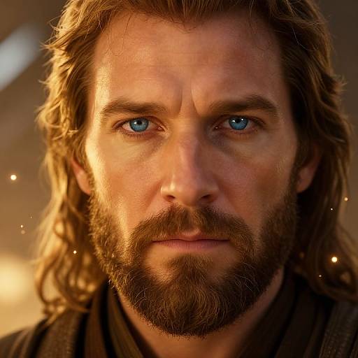 Photorealistic close-up of a bearded man with blue eyes, wavy brown hair, and intense expression, bathed in warm, golden light