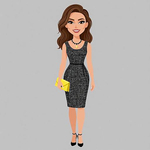 Digital cartoon of a smiling woman with wavy brown hair, wearing a black textured dress, black heels, necklace, and yellow clutch.