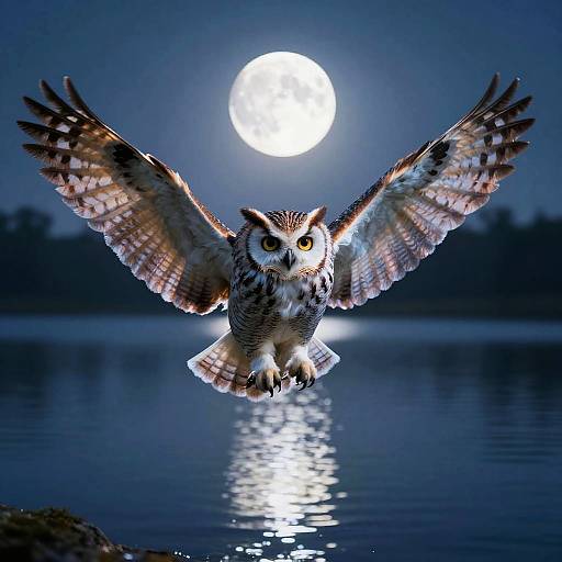 Three-Eyed Owl Over Moonlit Lake