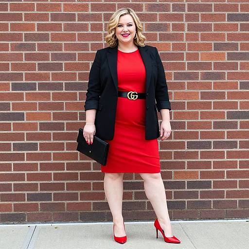Photograph of a blonde woman in a red dress, black blazer, and red heels, holding a black clutch, standing against a brick wall.