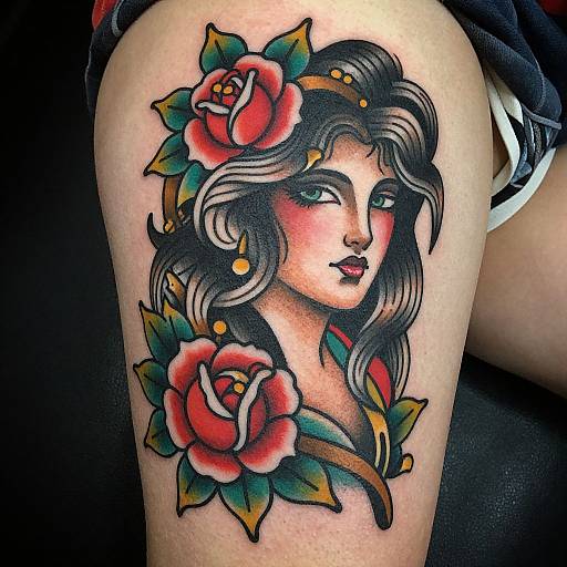Vibrant tattoo of a dark-haired woman with green eyes, red roses, and green leaves on upper arm, in traditional style.