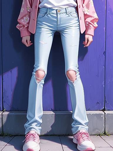 Woman in Pink Floral Blazer and Distressed Jeans