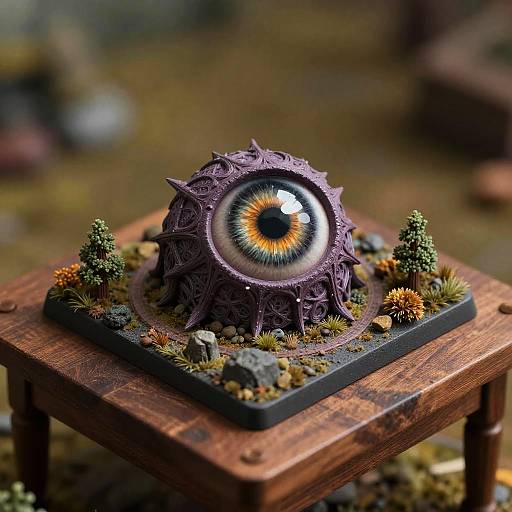 Photograph of a detailed miniature diorama featuring a purple, spiked sphere with a large, glowing eye, set on a wooden table among moss, rocks