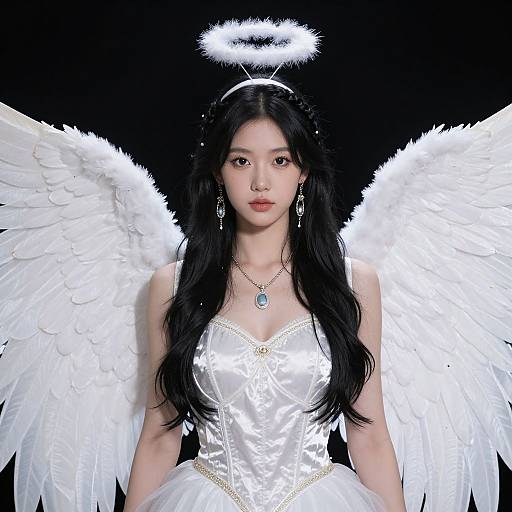 Digital art of an Asian angel with long black hair, white wings, halo, and white dress, wearing earrings and necklace, against a black background.