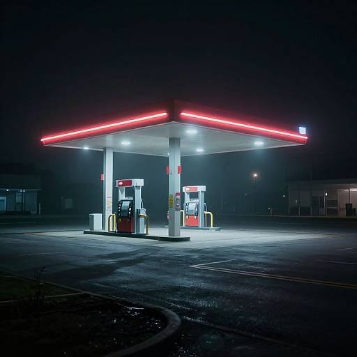 Photograph of a foggy, neon-lit gas station at night, with two pumps under a glowing red and white canopy.