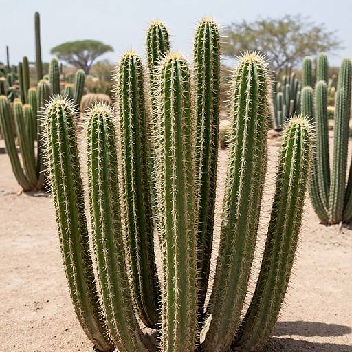 Photograph of a cluster of tall, green cacti with spiny tips in a sunlit desert, surrounded by sandy ground and distant trees.